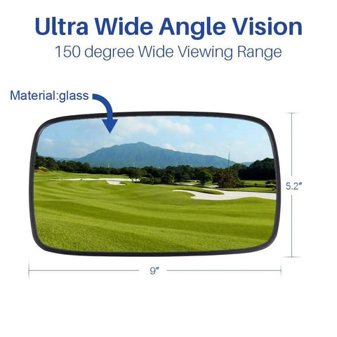 Extra Wide Panoramic Golf Cart Rear View Mirror delivering sweet clarity and smooth visibility for Ezgo Club Car Yamaha 5.2x9 curved lens