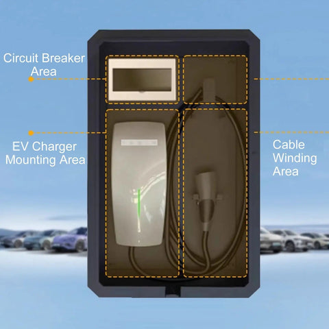 Universal EV Charger Enclosure Wall Mount Protective Case Lockable IP55 Waterproof Cover showing internal compartments for circuit breaker and charging cable.