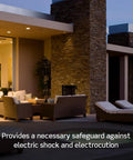 Outdoor sitting area behind home with lounge chairs and lighting representing Blank Face GFCI 20 Amp Self Test With LED Indicator Light Provides GFCI Protection Where An Outlet Is Not Needed Behind Hot Tubs Or Spas White GFRBF-W benefits.