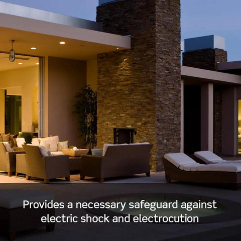 Outdoor sitting area behind home with lounge chairs and lighting representing Blank Face GFCI 20 Amp Self Test With LED Indicator Light Provides GFCI Protection Where An Outlet Is Not Needed Behind Hot Tubs Or Spas White GFRBF-W benefits.