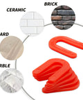 Red 50 Pack U Shaped Tile Spacers One Eighth Inch For Leveling displayed with surfaces like ceramic, brick, board, and marble.