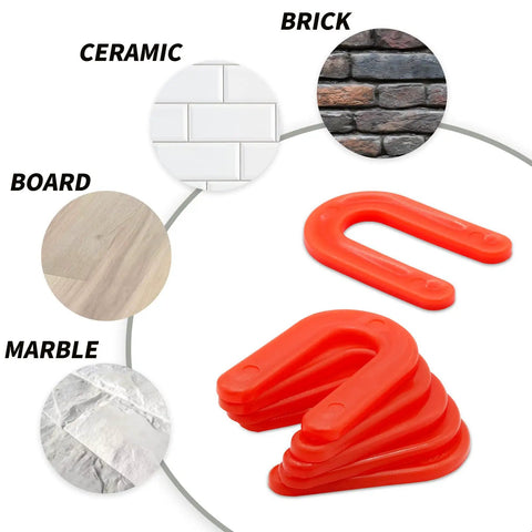 Red 50 Pack U Shaped Tile Spacers One Eighth Inch For Leveling displayed with surfaces like ceramic, brick, board, and marble.