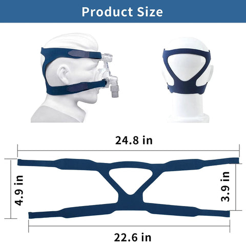 Blue CPAP headgear replacement strap for full-face mask; front and side views with measured dimensions in inches.