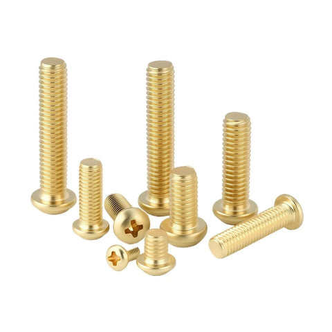 Tough As Nails Brass Machine Screws M4 Four Millimeter Round Head Cross Drive Fasteners For Stubborn DIY And Electrical Mods 35mm Pack Of Fifteen, various sizes shown