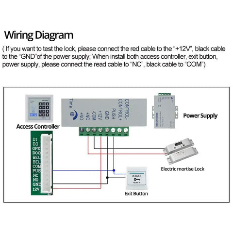 Wiring diagram for 12V DC Drop Bolt Door Lock With Fail Safe NC Mode, showing power supply, control panel, and connections.