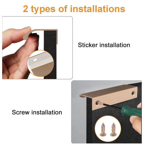 4 Pack Self Adhesive Rounded Edge Drawer Pulls Concealed Aluminum Alloy Invisible Wardrobe Handles For Cabinets And Closets 80mm Bronze Durable Rust Resistant Easy Install No Drills Needed showing sticker and screw installation