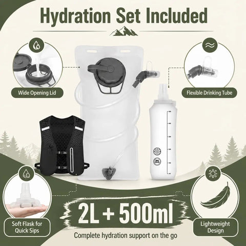 No Bounce Hydration Vest For Running With 2L Bladder And 500ml Soft Flask showing wide opening lid and flexible drinking tube.