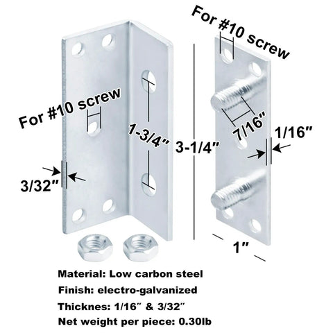 Premium Sturdy Solid 4 Sets No Mortise Bed Rail Brackets for Wood Bed Frame Hardware Fixing Low Carbon Steel Electro Galvanized Blue Finish with M8 Bolts and Screws Diy Friendly Built to Last, dimensions and material details.
