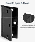 Close-up of Six Pack Three And A Half Inch Matte Black Door Hinges Featuring Square Corners Removable Pins for smooth operation.