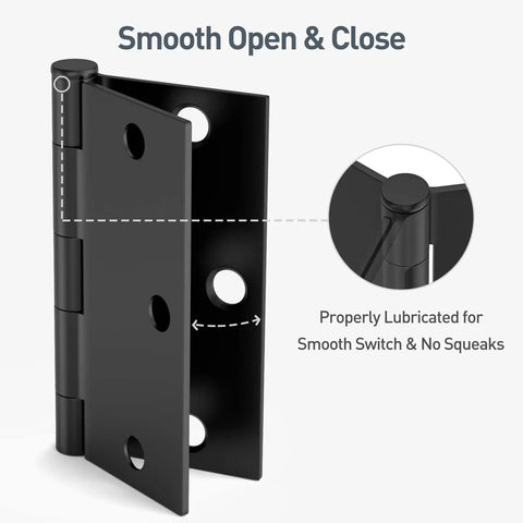 Close-up of Six Pack Three And A Half Inch Matte Black Door Hinges Featuring Square Corners Removable Pins for smooth operation.