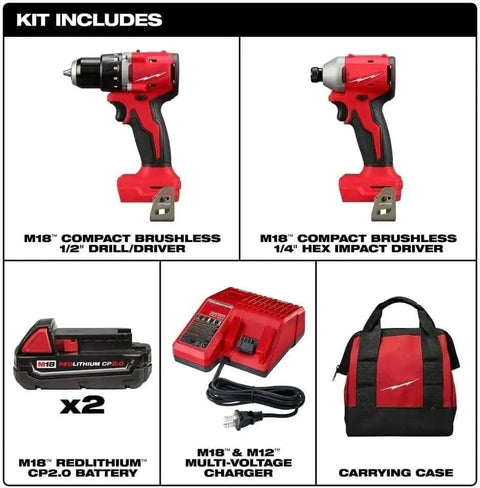 Compact 2-Tool Combo Kit with Brushless Impact Driver and Wrench Boss Gear for Demanding Jobs showing drill, impact driver, batteries, charger, and carrying case.