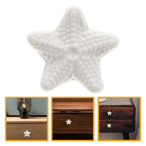 Nautical Ceramic Cabinet Knob White Single Hole Wardrobe Drawer Pull Vintage Vanity Replacement Hardware For Kitchen And Bathroom Dope Quality Finish Durable Easy Grip in star shape with bubble texture, shown installed on drawers.