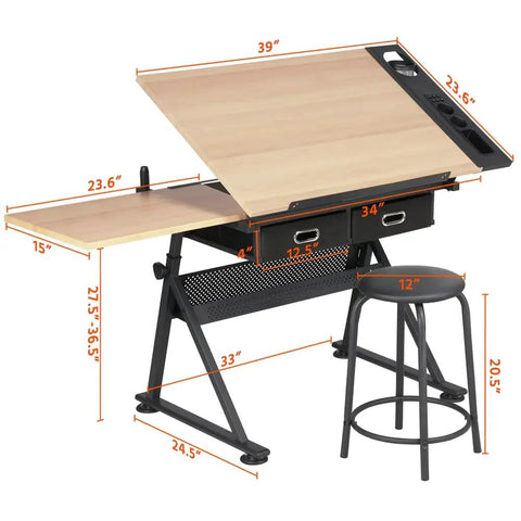 Height Adjustable Drafting Table With Tilted Tabletop And Built In Storage Drawers And Stool For Home Office And Art Studio