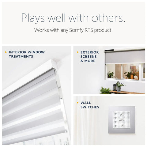 Close-up of window treatments, exterior screens, and Somfy RTS wall switch compatible with Situo 5 Pure Remote For RTS Motors And Shades Control Up To Five Motorized Blinds Or Groups Clean White Finish With Mounting Plate Included Must Have Replacement Or Extra Remote For Any Room Not Compatible With ZigBee Z Wave WiFi.