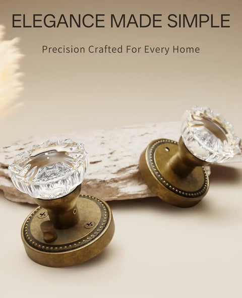 Six Pack Privacy Antique Brass Crystal Door Knobs With Lock For Bedroom Or Bathroom on beige backdrop