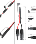 High-Performance 10AWG Tinned Copper Solar Connector to SAE Adapter Kit with measurements for connection details