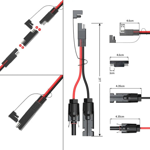High-Performance 10AWG Tinned Copper Solar Connector to SAE Adapter Kit with measurements for connection details