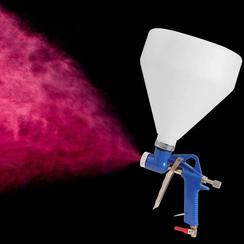 Pro Grade Drywall Texture Sprayer Gun with 1.5 Gallon Hopper and 3 Nozzles spraying pink texture on black background