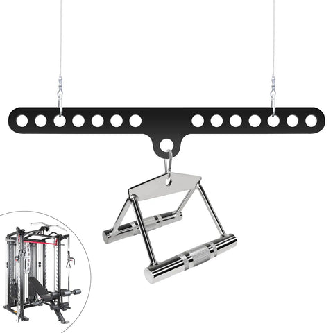 Heavy Duty Steel Cable Machine Attachment Kit With Multi Grip Pull Down Bar For Home Gym Functional Trainer featuring D handle and rope.
