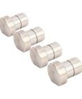 Four Pro Grade Twenty Millimeter Bench Dogs Set Stainless Steel Table Stops for woodworking on white background.