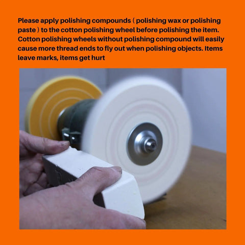 Person applying polishing compound to Premium 6 Inch Cotton Buffing Wheel Kit For Bench Grinders And Polishers in use.