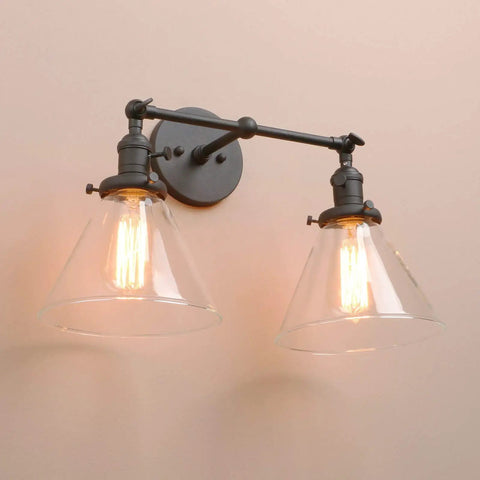 Industrial Black Wall Sconce Lighting Set Two Light Vanity Fixtures over mirror with E26 base and glass shades, warm glow
