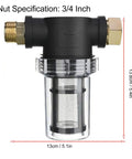 Heavy Duty Garden Hose Filter With Inline Sediment Screen and 3/4 Inch Male Female Threads, showing transparent design.
