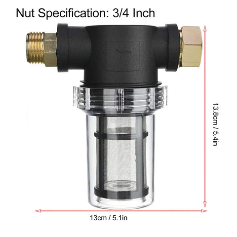 Heavy Duty Garden Hose Filter With Inline Sediment Screen and 3/4 Inch Male Female Threads, showing transparent design.