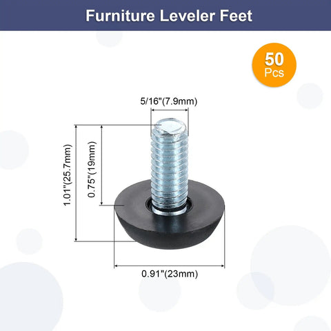 Fifty Piece Adjustable Furniture Feet Set With Five Sixteenth Inch Thread Galvanized Iron Screw On Levelers For Tables Chairs And Furniture Legs Black Finish, detailed dimensions.
