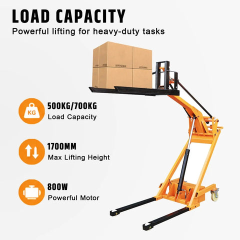 Heavy Duty Electric Pallet Stacker Lift 170cm Foldable Design 500-700kg Capacity Smooth Electro-Hydraulic Raise showcasing load capacity and features.