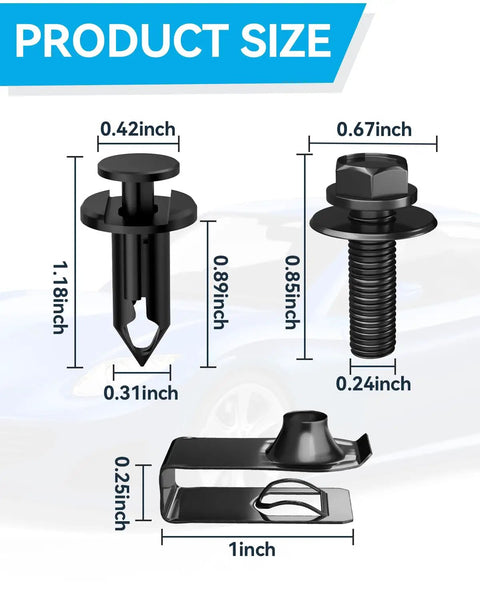 Dimensions of fasteners from All In One 35 Piece Car Bumper Clip Kit With Body Bolts U Nuts And Fender Clips For Engine Splash Shield