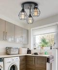 Industrial Dope Pull Chain Ceiling Light Fixture With Black Metal Cage Semi Flush Mount Three Light Edison E26 Steampunk Vibe in kitchen