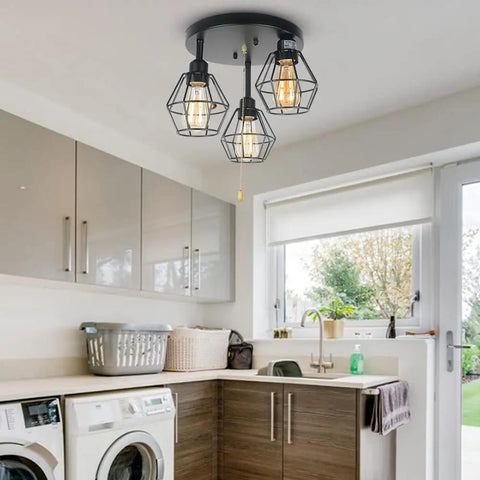 Industrial Dope Pull Chain Ceiling Light Fixture With Black Metal Cage Semi Flush Mount Three Light Edison E26 Steampunk Vibe in kitchen