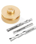 Knockout Router Inlay Kit Featuring Solid Brass Bushing Guide and Precision Centering Pin with Tungsten Carbide bits and brass guide.