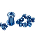 Slick Titanium Screw And Pivot Dress Kit For Folding Knives Delivering A Tight Fit includes blue titanium screws for knife assembly.