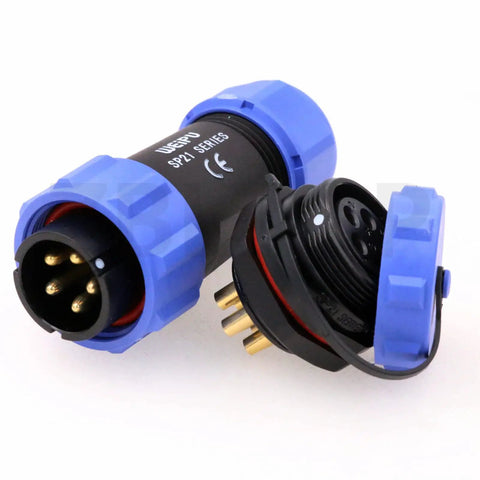 SP21 5 Pin IP68 Waterproof Aviation Circular Connector 21mm Panel Mount 30A Plug Socket With Dust Cover For Rugged Industrial Power And Signal Applications, blue caps