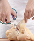 Heavy Duty Rose Gold Kitchen Shears Industrial Grade Stainless Steel Scissors cutting chicken on wooden board