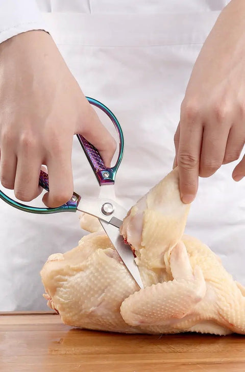 Heavy Duty Rose Gold Kitchen Shears Industrial Grade Stainless Steel Scissors cutting chicken on wooden board