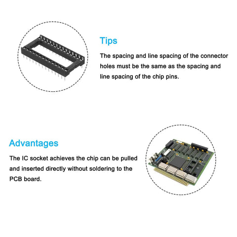20 Pack DIP IC Socket Adapters 28 Pin, 2.54mm Pitch For Soldering And Quick IC Testing diagram and usage tips