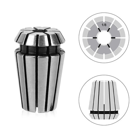 Pro Grade ER11 Spring Collet Set For CNC Engraving Milling Drilling And Lathe Workholding Includes 1mm To 7mm Plus 1/8 And 1/4 Inch Collets For Precise Tool Holding, featuring a close-up of a single collet with detailed side and top views.