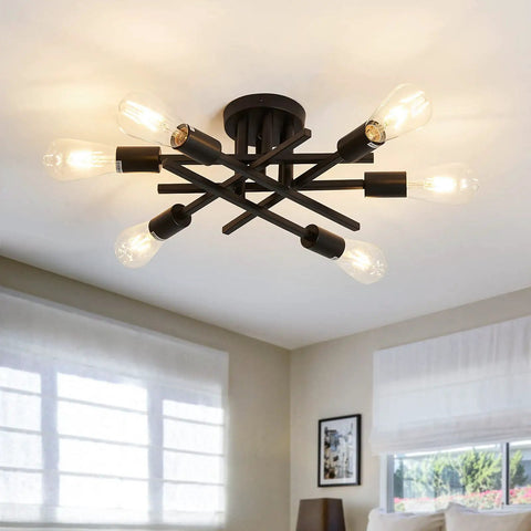 Six Light Black Matte Sputnik Ceiling Light Fixture Semi Flush Mount With E26 Base in modern dining room