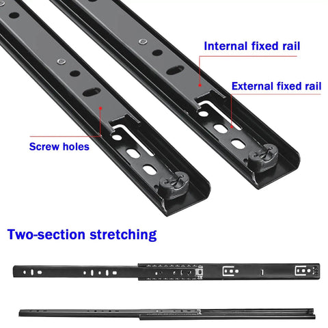 Heavy Duty Kitchen Cabinet Drawer Slides Black Metal 1 Pair Adjustable From 20cm To 50cm Drawer Runners, two-section rails with screw holes