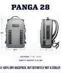 Front and side view of the Panga 28 Airtight Waterproof Submersible Backpack With DryHaul Ergonomic Straps Removable Chest And Waist Belts Ultra Durable Gear Pack Built For Boating Fishing Kayaking And Outdoor Adventures in Storm Gray with dimensions.