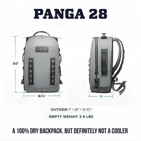 Front and side view of the Panga 28 Airtight Waterproof Submersible Backpack With DryHaul Ergonomic Straps Removable Chest And Waist Belts Ultra Durable Gear Pack Built For Boating Fishing Kayaking And Outdoor Adventures in Storm Gray with dimensions.