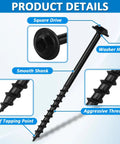 Diagram showing Tough As Nails Rust Resistant Black Pocket Hole Screws 2.5 Inch 100 Pack features like square drive and washer head.