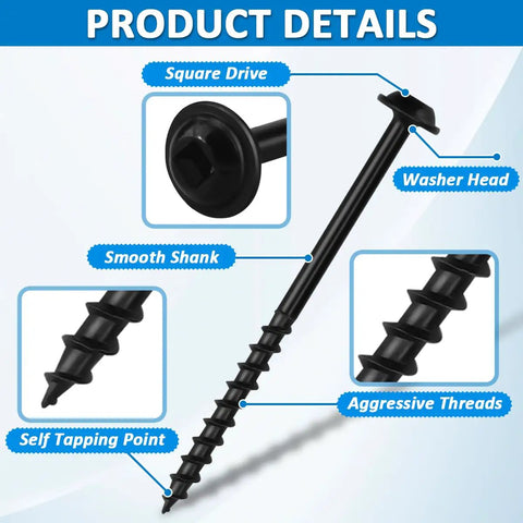 Diagram showing Tough As Nails Rust Resistant Black Pocket Hole Screws 2.5 Inch 100 Pack features like square drive and washer head.