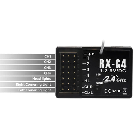 Front view of 4CH 2.4Ghz RC Receiver with Light Control for Cars and Boats, featuring labeled connectors and 2.4GHz technology.