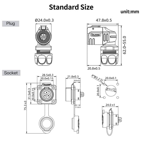 3 Pin Right Angle IP68 Waterproof Connector With Screw Assembly Easy Plug And Play No Soldering Needed Durable Outdoor Electrical Connector For Marine Automotive And DIY Projects size drawing, plug and socket dimensions