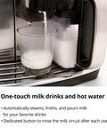 Top Shelf Stainless Steel Espresso Machine Featuring Fifty Four Ounce Water Tank Built For Reliable Pressure Extraction And Buttery Smooth Shots That Totally Upgrade Your Daily Coffee Grind dispensing milk into a glass.