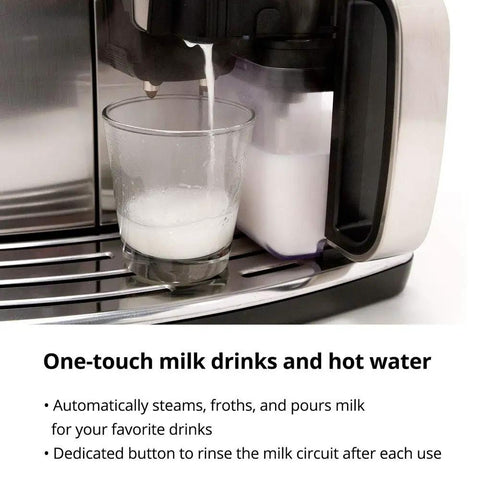 Top Shelf Stainless Steel Espresso Machine Featuring Fifty Four Ounce Water Tank Built For Reliable Pressure Extraction And Buttery Smooth Shots That Totally Upgrade Your Daily Coffee Grind dispensing milk into a glass.